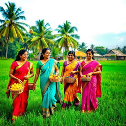 A serene rural landscape featuring traditional Indian women dressed in colorful sarees, engaged in daily activities in a lush green field