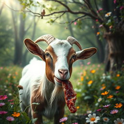A surreal scene depicting a goat in the midst of a lush green forest, curiously nibbling on a piece of meat, with a whimsical expression on its face