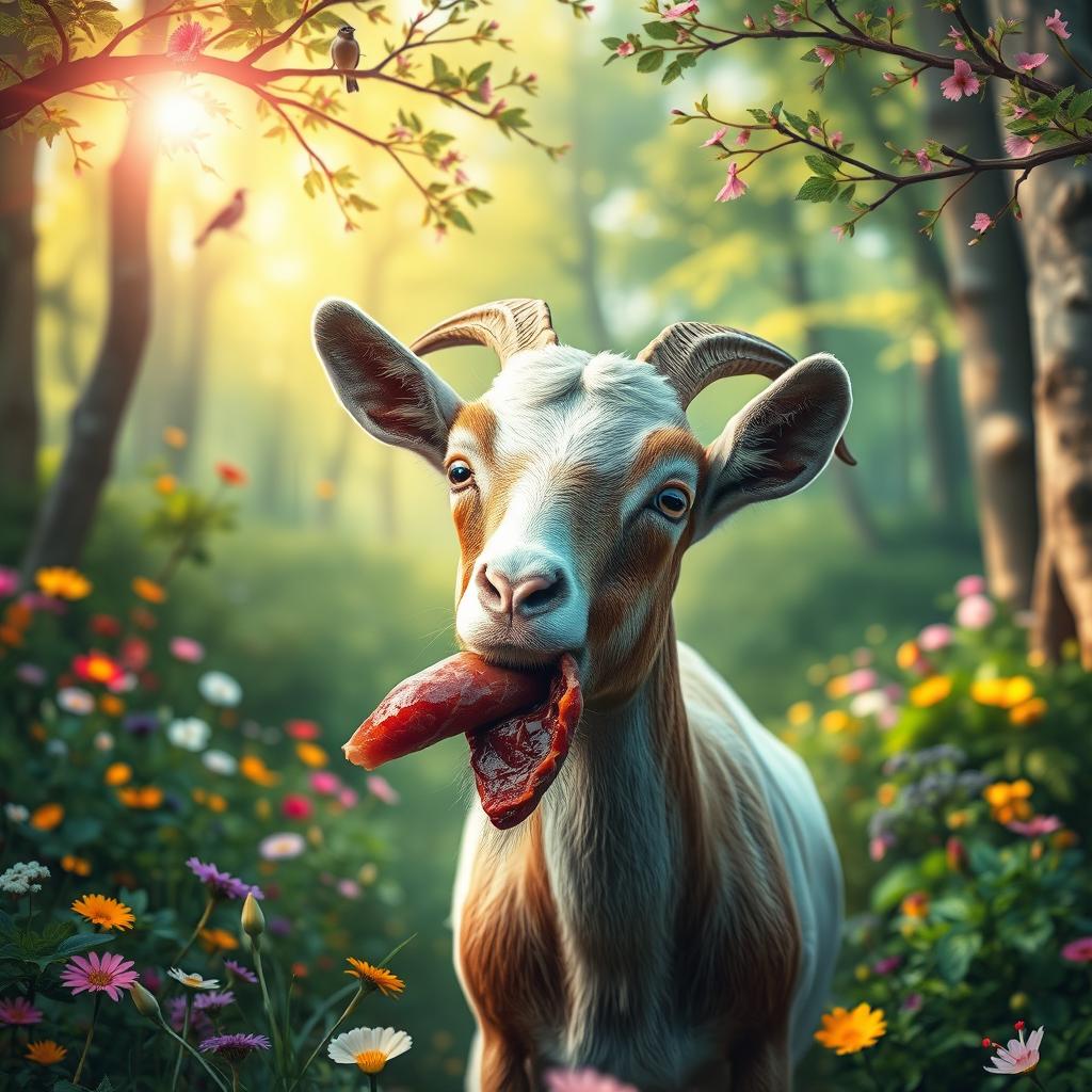 A surreal scene depicting a goat in the midst of a lush green forest, curiously nibbling on a piece of meat, with a whimsical expression on its face