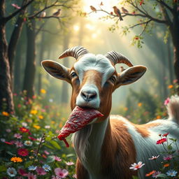 A surreal scene depicting a goat in the midst of a lush green forest, curiously nibbling on a piece of meat, with a whimsical expression on its face