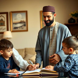 A thoughtful and loving Islamic husband, dressed in traditional attire, standing in a serene family setting