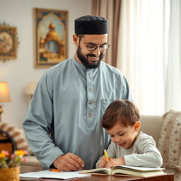 A thoughtful and loving Islamic husband, dressed in traditional attire, standing in a serene family setting