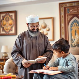 A thoughtful and loving Islamic husband, dressed in traditional attire, standing in a serene family setting