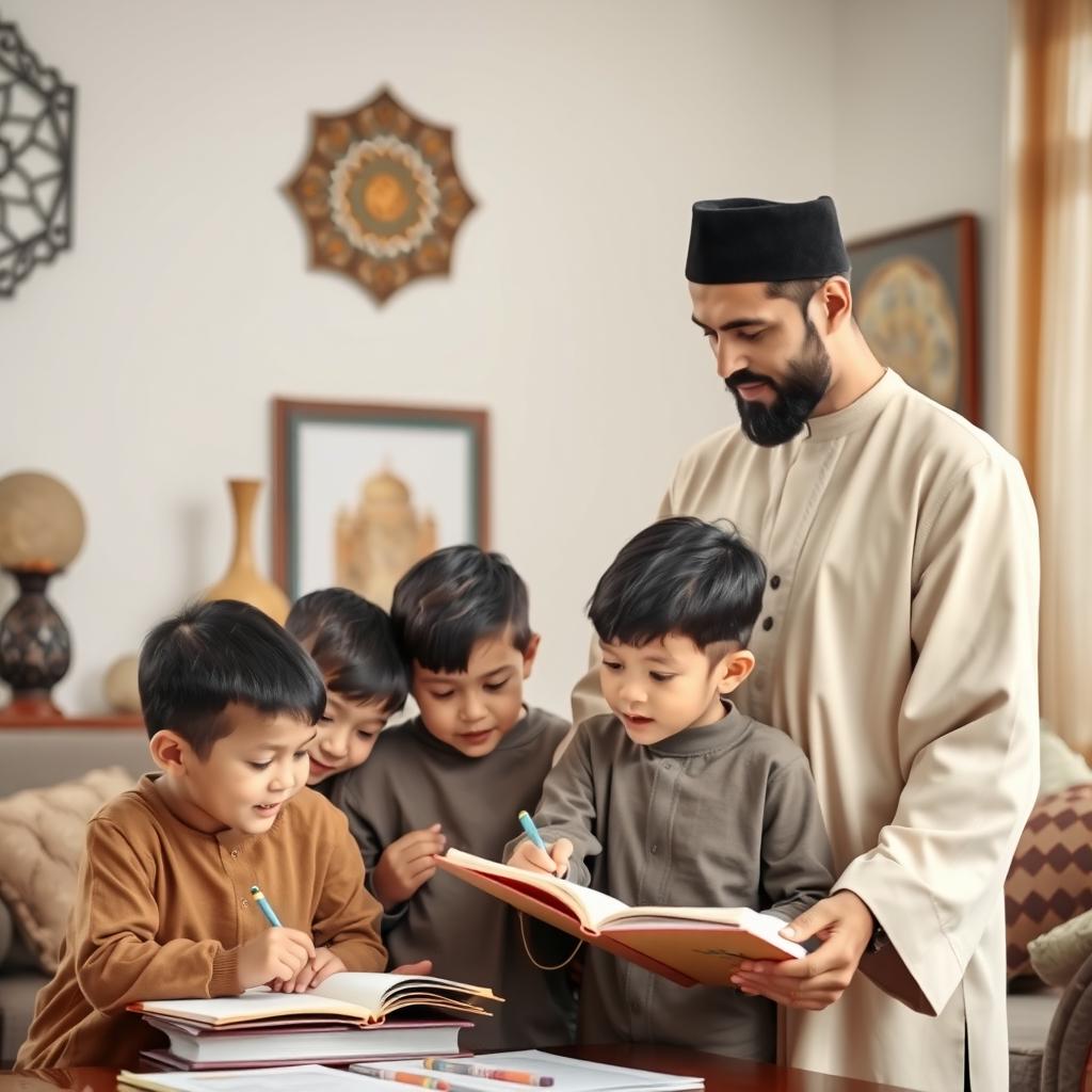 A thoughtful and loving Islamic husband, dressed in traditional attire, standing in a serene family setting