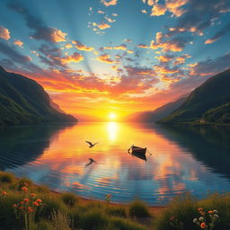 A grand, sprawling landscape depicting a sunset over a serene lake, with the vibrant colors of the sky reflecting off the water's surface