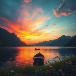 A grand, sprawling landscape depicting a sunset over a serene lake, with the vibrant colors of the sky reflecting off the water's surface