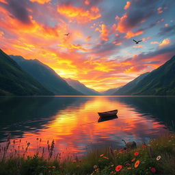 A grand, sprawling landscape depicting a sunset over a serene lake, with the vibrant colors of the sky reflecting off the water's surface