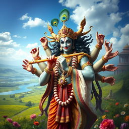 A visually striking depiction of Ravan portrayed as Lord Krishna, featuring Ravan's multiple arms adorned with ornaments while holding a flute in the center, embodying the playful and divine essence of Krishna
