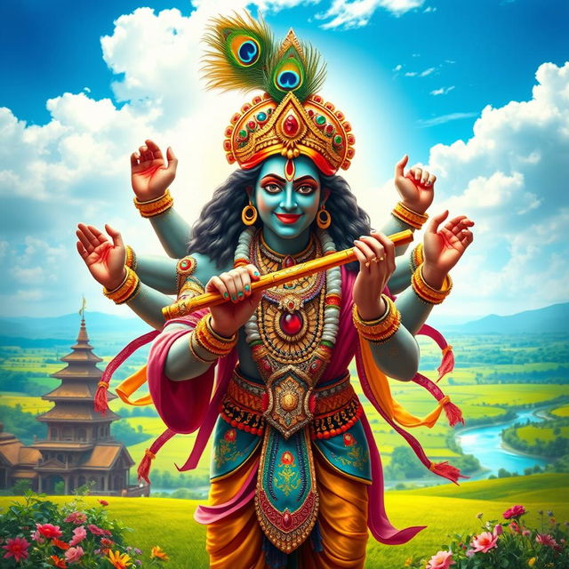 A visually striking depiction of Ravan portrayed as Lord Krishna, featuring Ravan's multiple arms adorned with ornaments while holding a flute in the center, embodying the playful and divine essence of Krishna