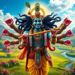 A visually striking depiction of Ravan portrayed as Lord Krishna, featuring Ravan's multiple arms adorned with ornaments while holding a flute in the center, embodying the playful and divine essence of Krishna