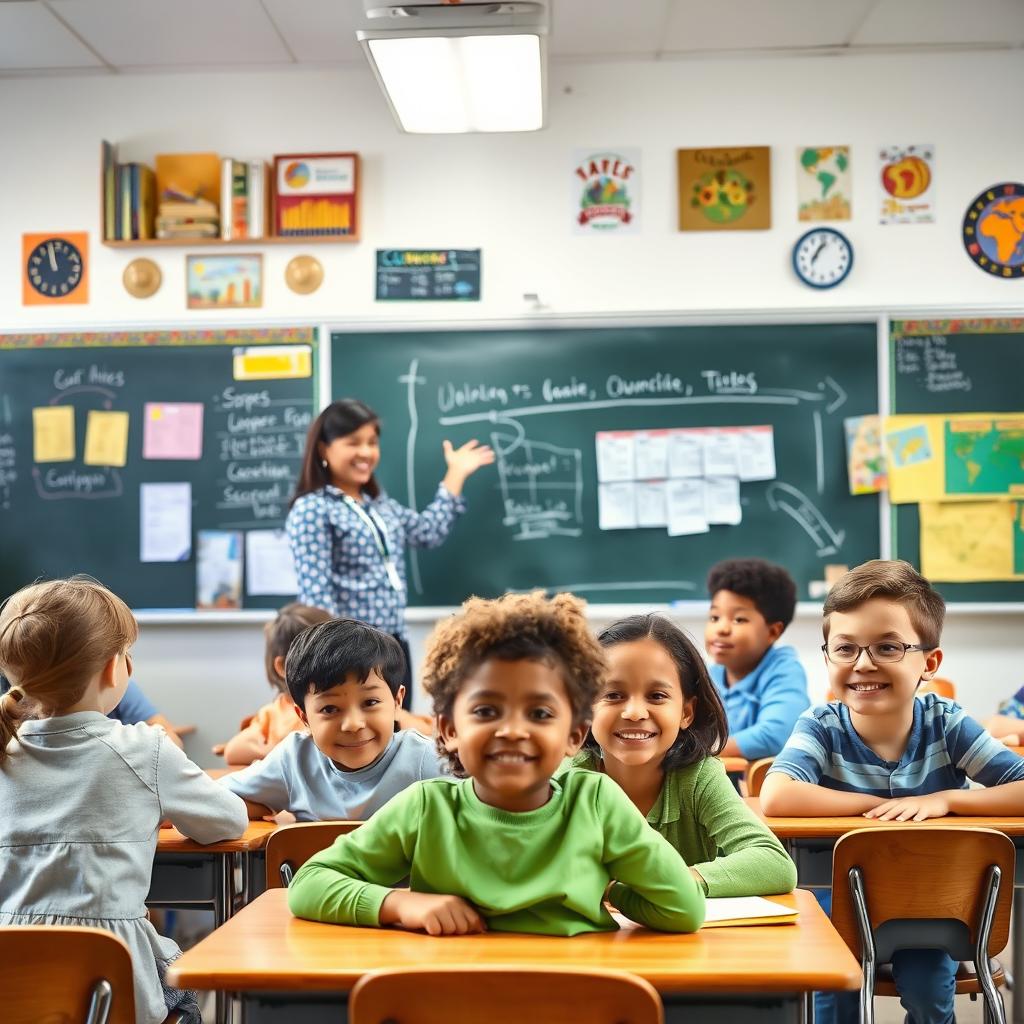 A classroom scene featuring a teacher standing in front of a chalkboard, engaging with a diverse group of students seated at their desks