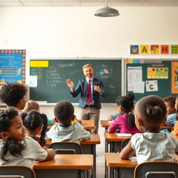 A classroom scene featuring a teacher standing in front of a chalkboard, engaging with a diverse group of students seated at their desks