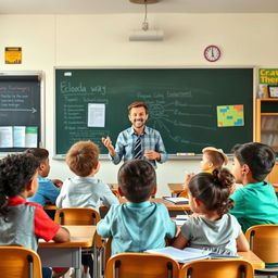 A classroom scene featuring a teacher standing in front of a chalkboard, engaging with a diverse group of students seated at their desks