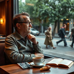 A thoughtful, contemplative person sitting alone in a modern café, gazing out the window