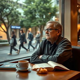 A thoughtful, contemplative person sitting alone in a modern café, gazing out the window