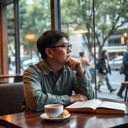 A thoughtful, contemplative person sitting alone in a modern café, gazing out the window