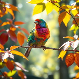 A lovely scene of a colorful bird perched delicately on a branch with vibrant leaves surrounding it