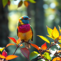 A lovely scene of a colorful bird perched delicately on a branch with vibrant leaves surrounding it