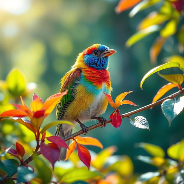 A lovely scene of a colorful bird perched delicately on a branch with vibrant leaves surrounding it