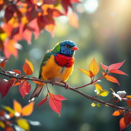 A lovely scene of a colorful bird perched delicately on a branch with vibrant leaves surrounding it