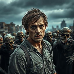 A chilling image featuring a man surrounded by zombies in a post-apocalyptic setting