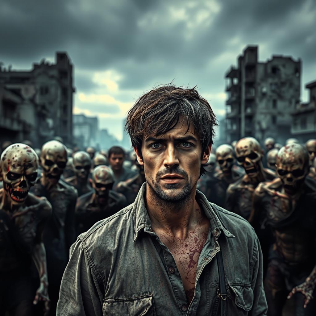 A chilling image featuring a man surrounded by zombies in a post-apocalyptic setting