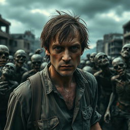 A chilling image featuring a man surrounded by zombies in a post-apocalyptic setting