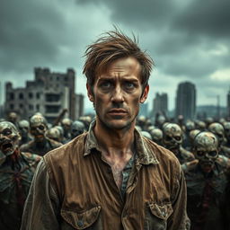 A chilling image featuring a man surrounded by zombies in a post-apocalyptic setting