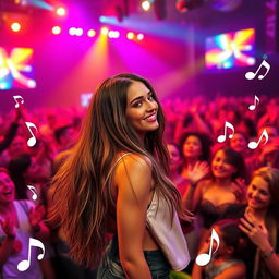 A vibrant concert scene with a crowded audience enjoying the performance, colorful stage lights illuminating the area