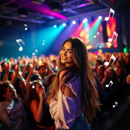 A vibrant concert scene with a crowded audience enjoying the performance, colorful stage lights illuminating the area