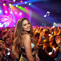 A vibrant concert scene with a crowded audience enjoying the performance, colorful stage lights illuminating the area