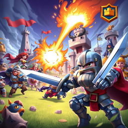 A dynamic and colorful scene depicting a fierce battle in a fantasy realm inspired by Clash Royale, featuring knights, wizards, and mythical creatures charging into action