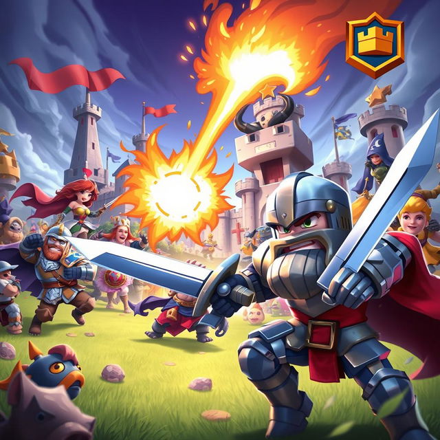 A dynamic and colorful scene depicting a fierce battle in a fantasy realm inspired by Clash Royale, featuring knights, wizards, and mythical creatures charging into action