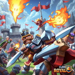 A dynamic and colorful scene depicting a fierce battle in a fantasy realm inspired by Clash Royale, featuring knights, wizards, and mythical creatures charging into action