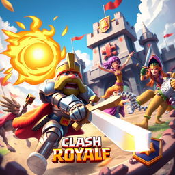 A dynamic and colorful scene depicting a fierce battle in a fantasy realm inspired by Clash Royale, featuring knights, wizards, and mythical creatures charging into action