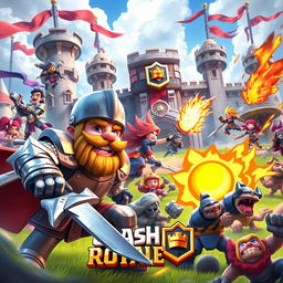 A dynamic and colorful scene depicting a fierce battle in a fantasy realm inspired by Clash Royale, featuring knights, wizards, and mythical creatures charging into action