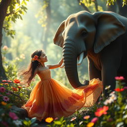 A surreal and imaginative scene featuring a whimsical representation of a young woman interacting with an elephant in an enchanted forest