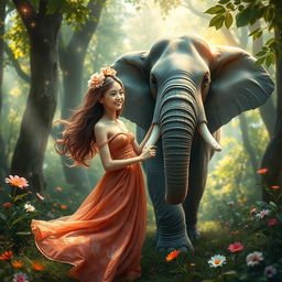 A surreal and imaginative scene featuring a whimsical representation of a young woman interacting with an elephant in an enchanted forest