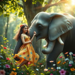A surreal and imaginative scene featuring a whimsical representation of a young woman interacting with an elephant in an enchanted forest