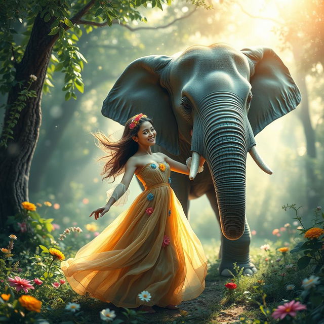 A surreal and imaginative scene featuring a whimsical representation of a young woman interacting with an elephant in an enchanted forest