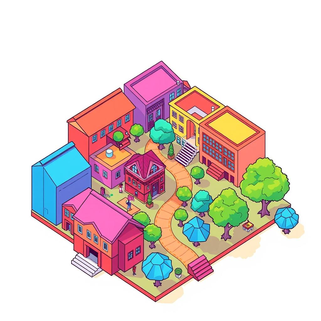 An isometric drawing inspired by the given picture, showcasing a vibrant and detailed scene