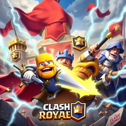 An epic banner featuring characters from the popular game Clash Royale, showcasing iconic heroes like the knight, archer, and wizard in a vibrant and colorful scene