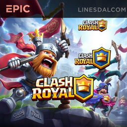 An epic banner featuring characters from the popular game Clash Royale, showcasing iconic heroes like the knight, archer, and wizard in a vibrant and colorful scene