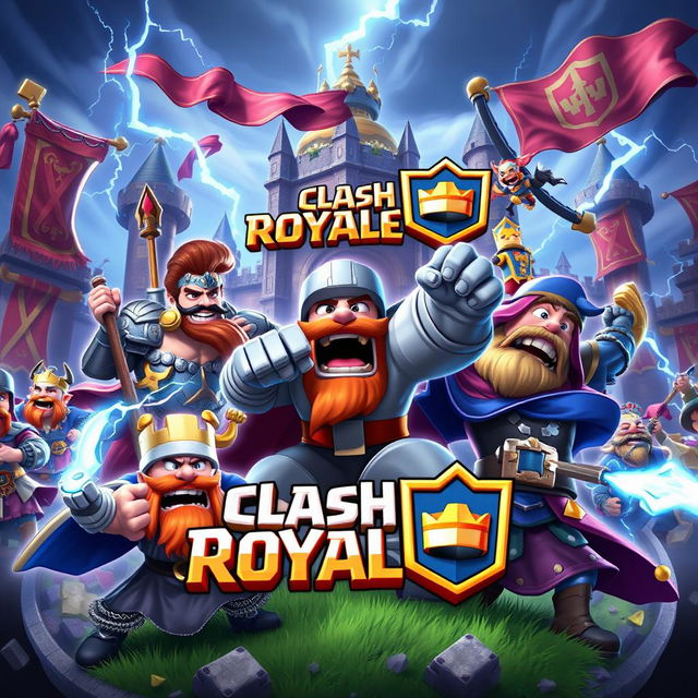 An epic banner featuring characters from the popular game Clash Royale, showcasing iconic heroes like the knight, archer, and wizard in a vibrant and colorful scene