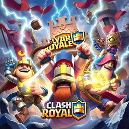 An epic banner featuring characters from the popular game Clash Royale, showcasing iconic heroes like the knight, archer, and wizard in a vibrant and colorful scene