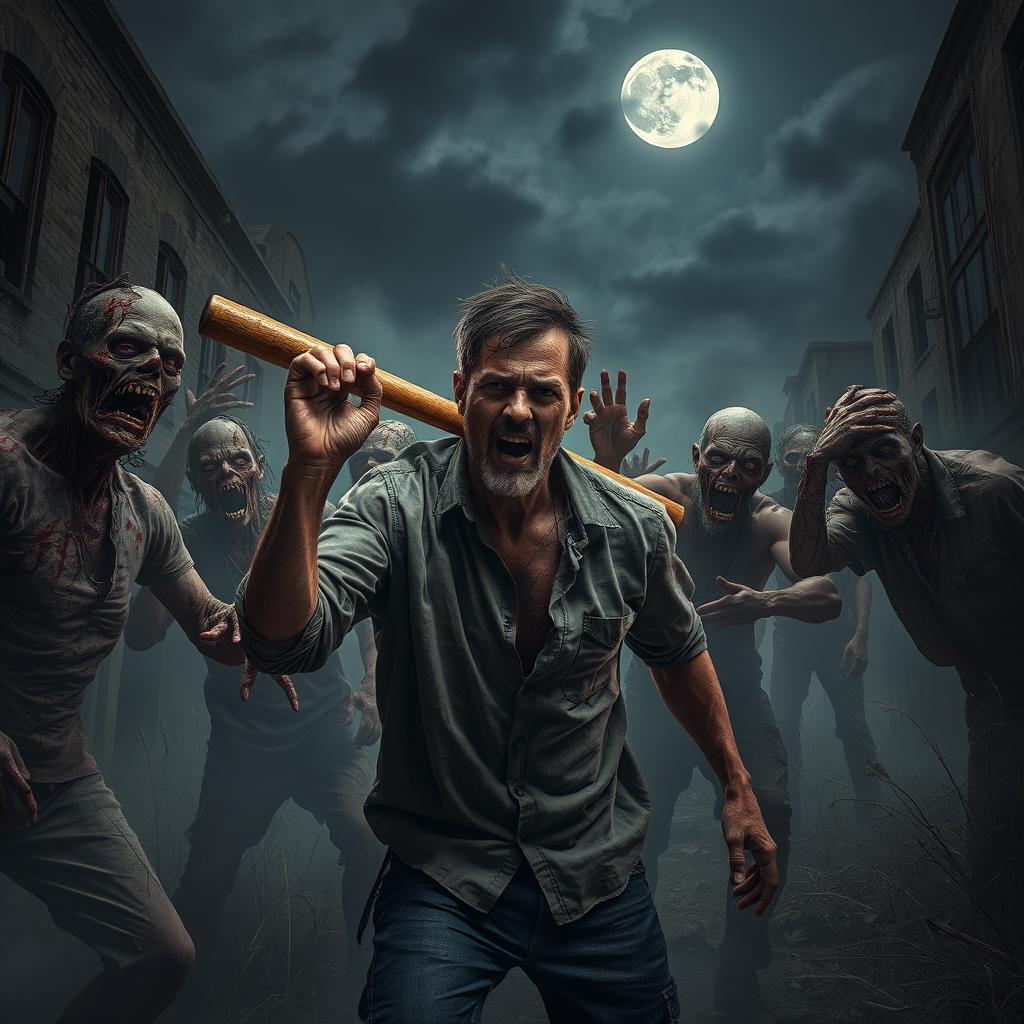 A dramatic scene depicting a man surrounded by terrifying zombie-like creatures reminiscent of the infamous 'Walking Dead' series