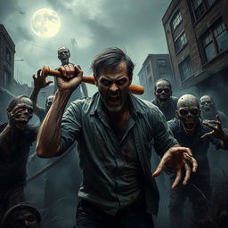 A dramatic scene depicting a man surrounded by terrifying zombie-like creatures reminiscent of the infamous 'Walking Dead' series