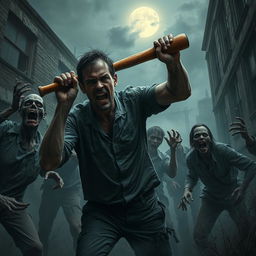 A dramatic scene depicting a man surrounded by terrifying zombie-like creatures reminiscent of the infamous 'Walking Dead' series