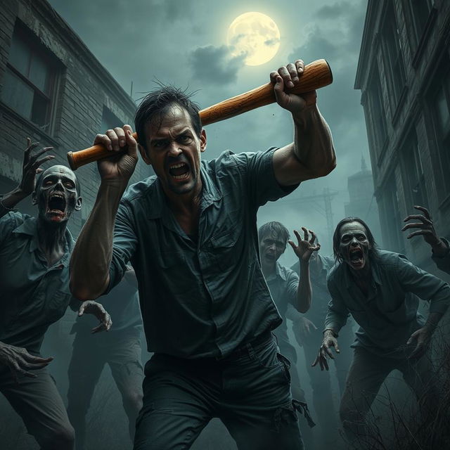 A dramatic scene depicting a man surrounded by terrifying zombie-like creatures reminiscent of the infamous 'Walking Dead' series