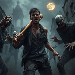 A dramatic scene depicting a man surrounded by terrifying zombie-like creatures reminiscent of the infamous 'Walking Dead' series
